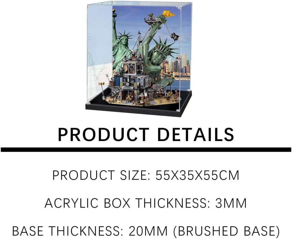 Acrylic Display case Designed for Lego 70840 Statue of Liberty, Building Block Model, Transparent dust Cover, 3mm Thick Acrylic Plate, 20mm Brushed Base (Toy not Included)