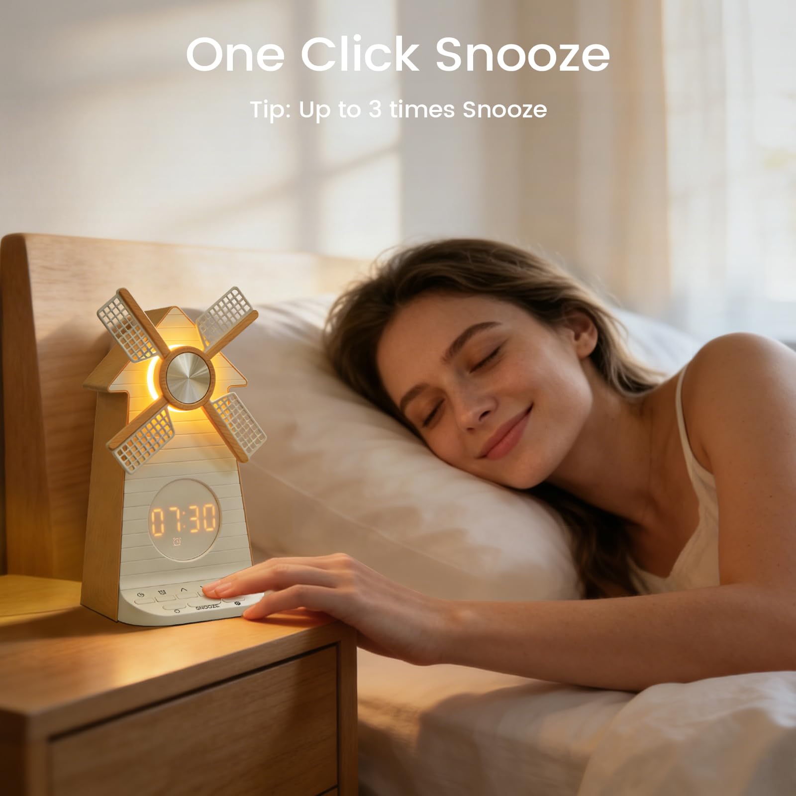 Sonnenaufgangswecker mit rotierender Windmühle, Snooze-Aufwachlicht, 10 Naturklänge & 10 Weißgeräusche, 4-stufig dimmbares Nachtlicht Timer 30/60/90 Min, Einschlafhilfe-Geschenk für Erwachsene/Kinder