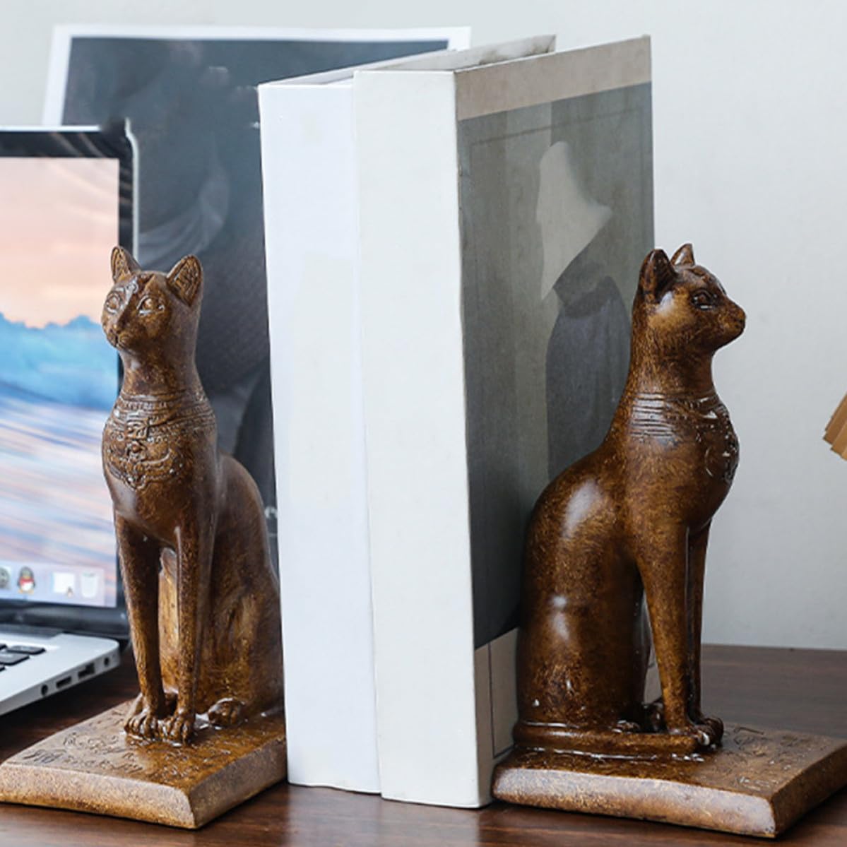 Zerodeko Fermalibri Fermalibri Decorativi a Forma di Gatto Egiziano in Resina Antiscivolo Set da 2 Accessorio Creativo per Organizzare Libri e Riviste da Scrivania per Ufficio e Casa