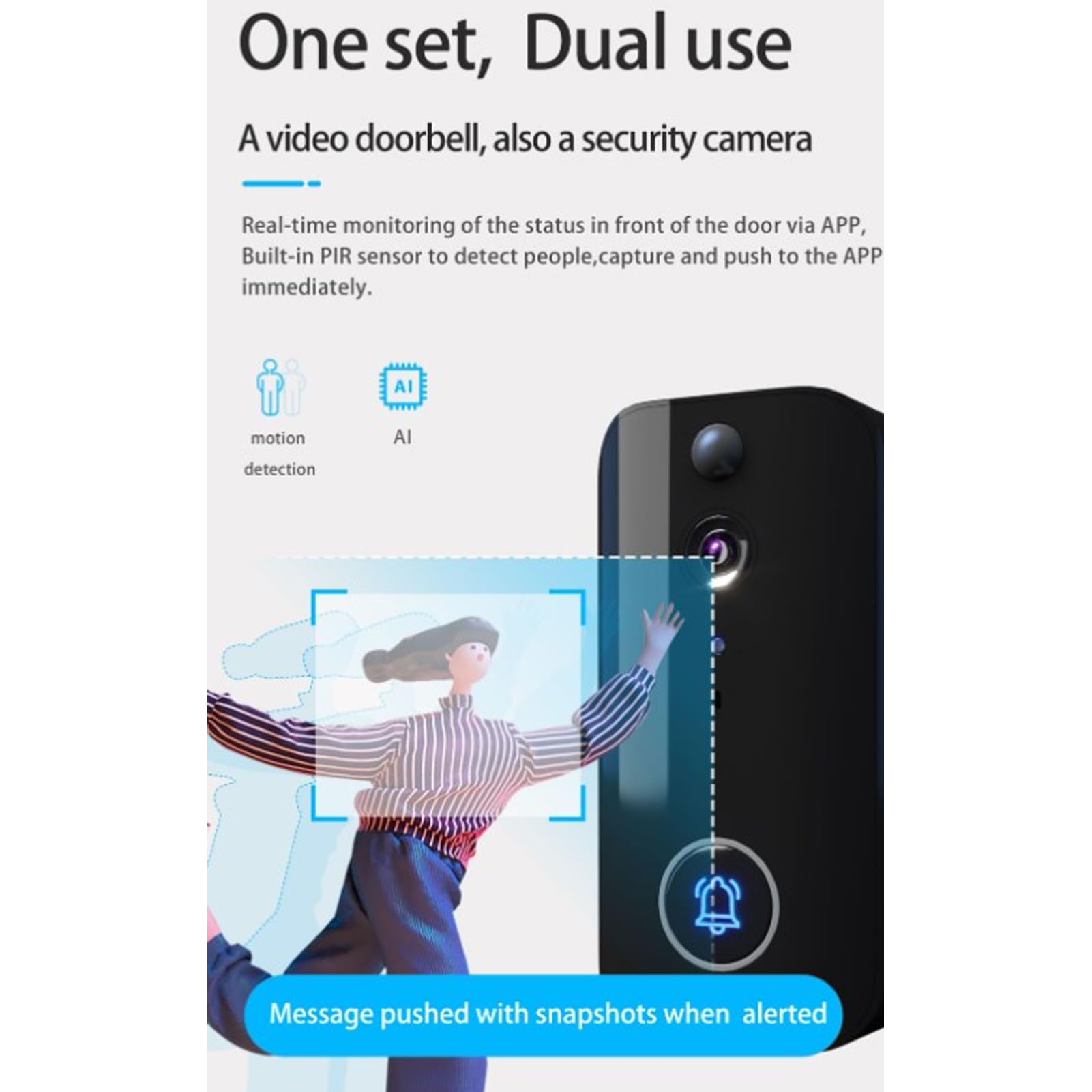 Bezprzewodowa Kamera Domofonowa 1080P z Dzwonkiem, Kamera Wideodomofonowa 2.4G WiFi ze Zmieniaczem Głosu, Wykrywanie Ruchu,Noktowizor, Dwukierunkowy Dźwięk, Długi Czas Pracy Baterii