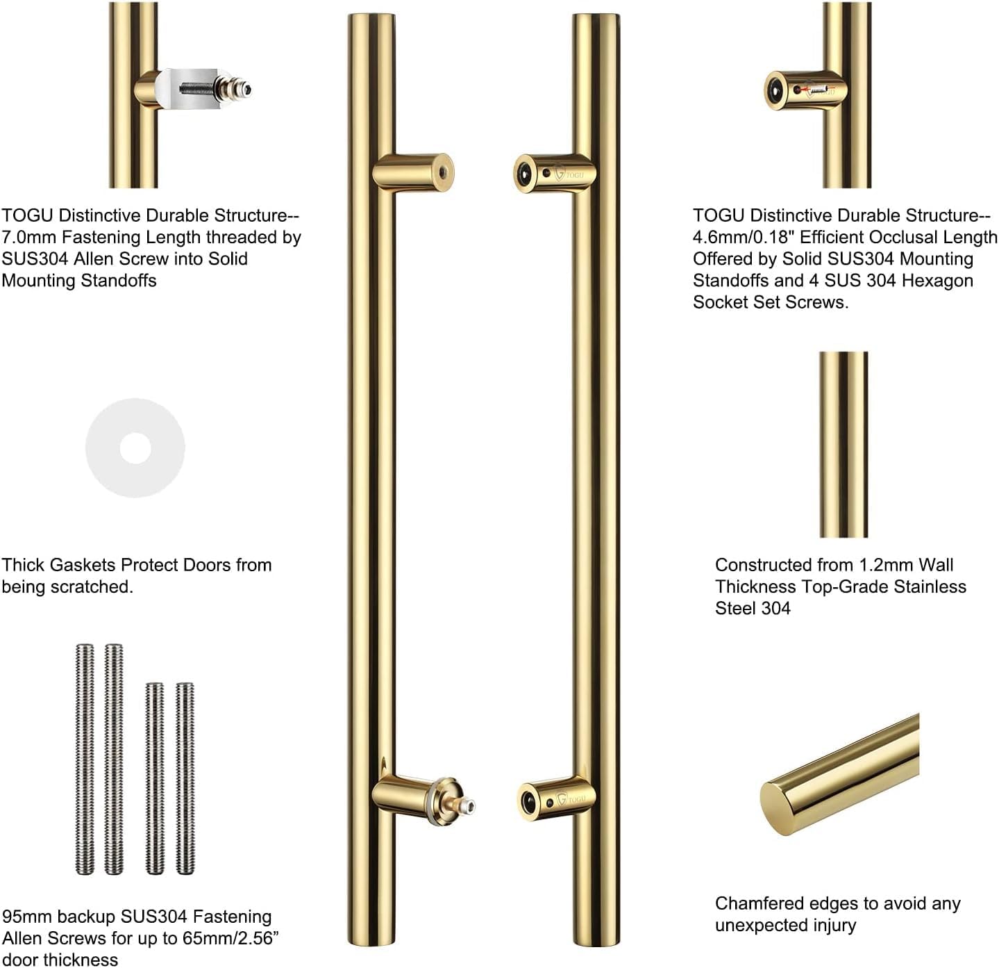 TOGU TG-6012 450mm/18 inches Solid Standoffs Heavy-Duty Commercial Grade-304 Stainless Steel Back to Back Push Pull Door Handles for Wood/Timber/Glass/Metal Front Doors, Barn Door Pulls, PVD Finish