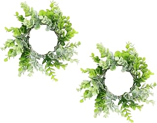 2PCS Artificial Boxwood Spring Candle Rings Wreaths 3 Inch Center for Pillars Green Faux Eucalyptus Leaves Candle Ring Holder Mini Greenery Wreath for Wedding Party Holiday Table Centerpieces