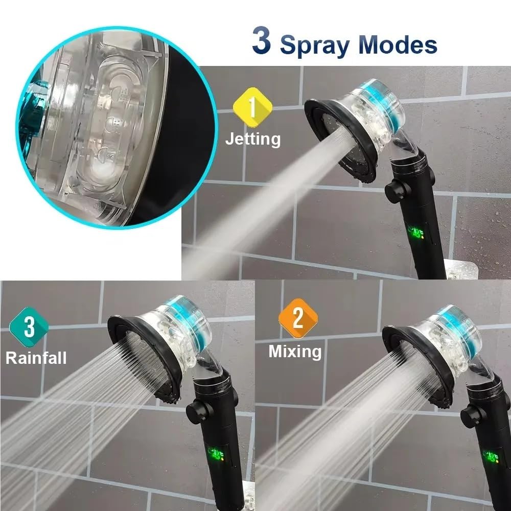 Cabezal de ducha turbo de alta presión con 3 modos de pulverización, visualización de temperatura, boquilla de alto flujo, sistema de ducha a presión para una experiencia de baño definitiva (negro)