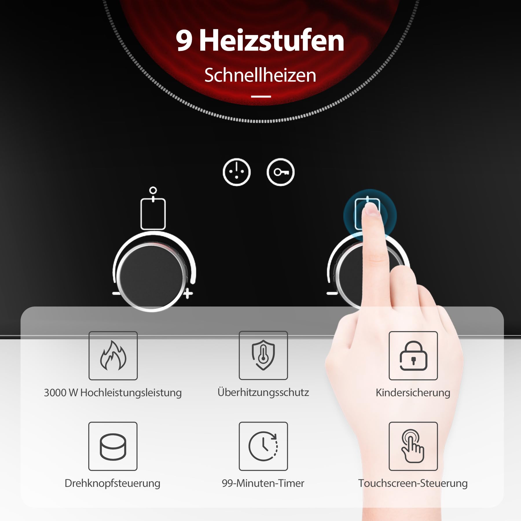 VBGK Glaskeramikkochfeld 2 Platten 29cm 3000W 2 Kochzonen 9 Heizstufen Berührungssteuerung Kindersicherung Timer