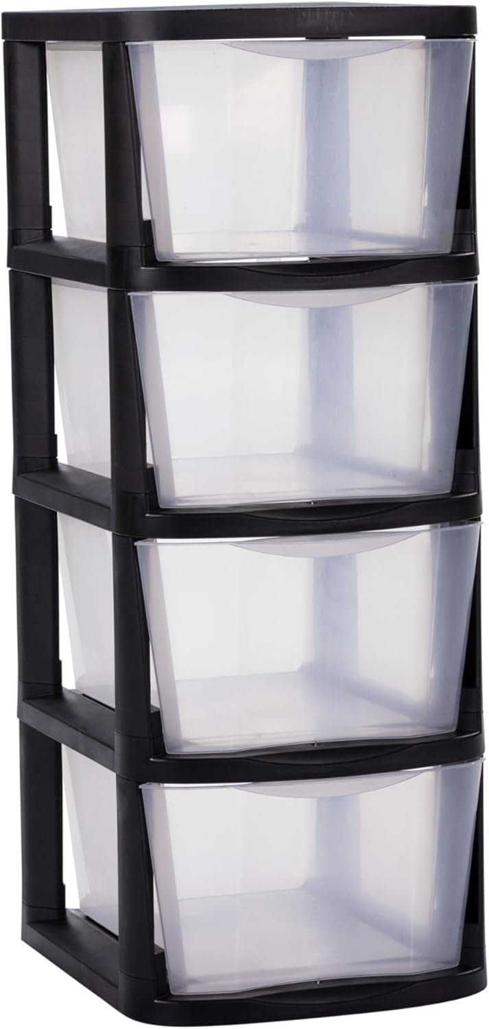 Plastic 4-Drawer Storage Tower, Clear Sliding Regular-Duty Bins for Crafts,. Toys, Classroom, Art Supplies and Home Organization - Black