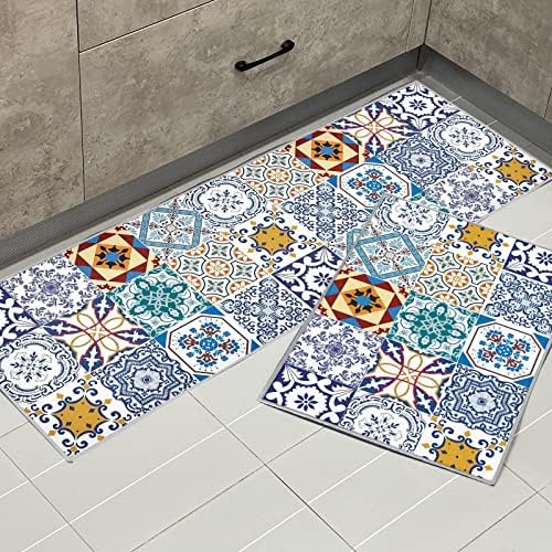 KGIHPC 2 Piece Kitchen Mat Non Slip Kitchen Rug Set Kitchen Floor Mat Runner Waterproof Standing Mat (Portuguese tile, 43x150cm+43x75cm)