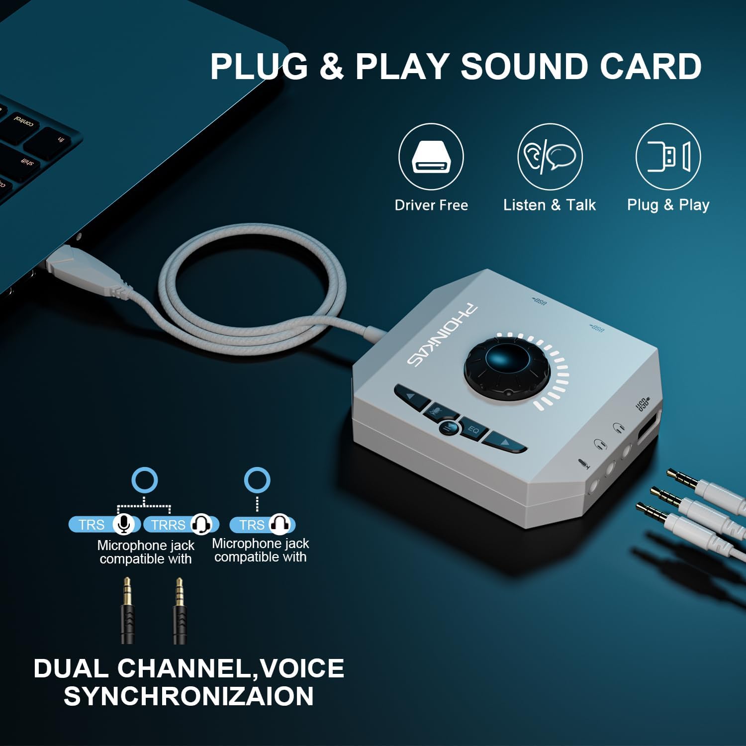 PHOINIKAS External Sound Card, USB Audio Adapter with 3.5mm Headphone and Microphone Jack, Volume Control, Stereo Sound Card Plug Play, for Windows, Mac, Linux, PC, Laptops, Desktops (Black