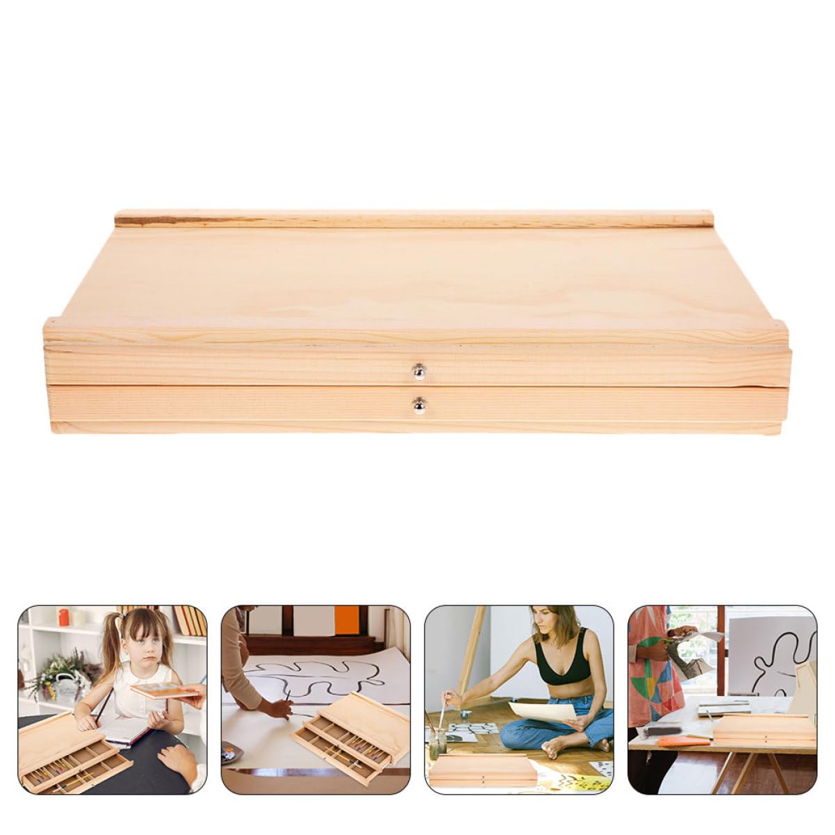 Holz Aufbewahrungsbox für Künstlerbedarf mit Doppelter Schublade Tragbarer Organizer für Malstifte und Bastelmaterial für Outdoor und Atelier