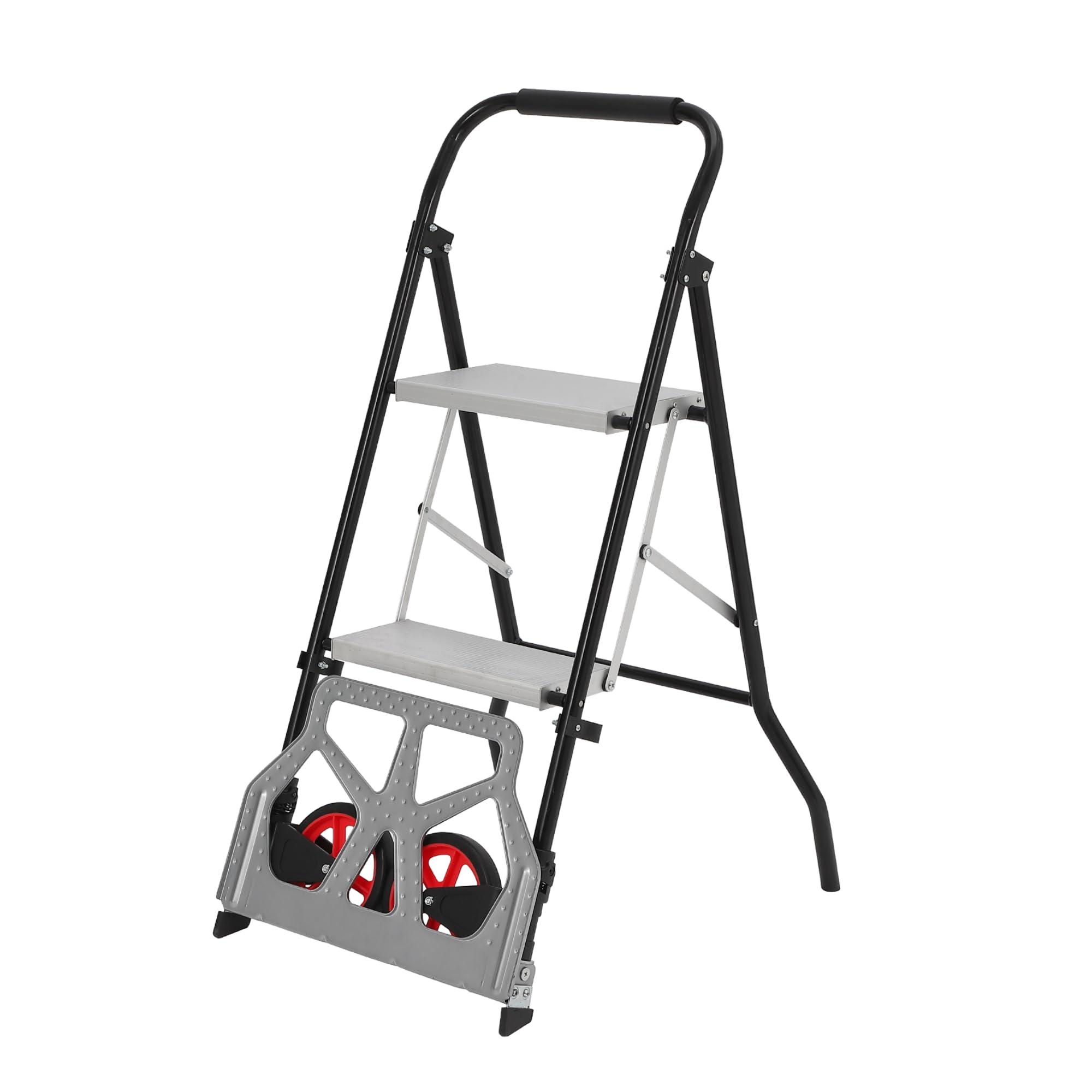 Diable 2 en 1 en aluminium et échelle - Pliable - Avec larges pédales antidérapantes - Charge maximale : 100 kg (chariot) / 250 kg (échelle) - Chariot de transport pliable pour bureau, maison