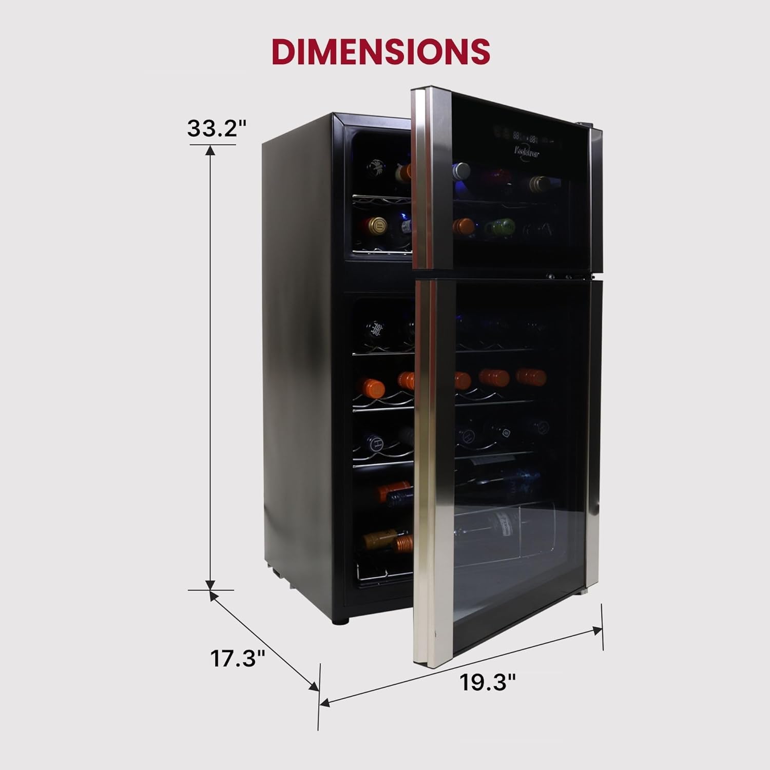 Diagram showing the dimensions of the Koolatron WC29 wine cooler: 33.2 inches height, 17.3 inches width, 19.3 inches depth.