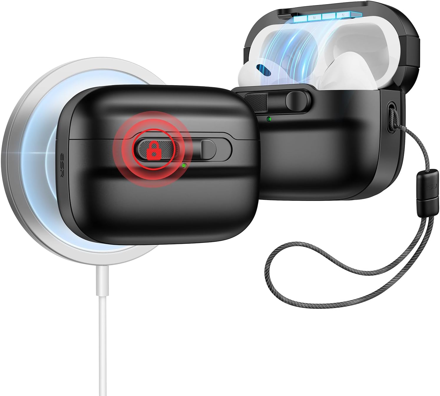 Custodia Per AirPods Pro 2 RFUNGUANGO - In Fibra Di Carbonio, Con Serratura, Cavo USB-C/Lightning, Nero - Foto 4