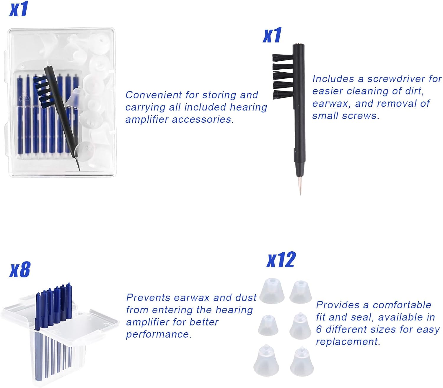 Hearing Amplifier Accessories Kit, Includes 6 Sizes Silicone Ear Domes Wax Guards Filters Cleaning Brush with Screwdriver Cleaner Tools Supplies Compatible with Audien EV3