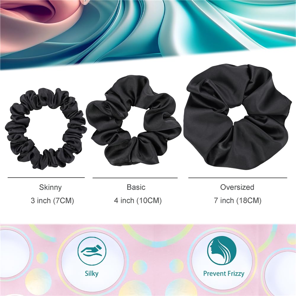 Pack of 12 Premium Satin Silk Scrunchies Hair Ties for All Hair Type Women Girls Ponytail Holder Elastic Hair Bands Scrunchy Accessories (Skinny 12 Pcs Black) - Image 3