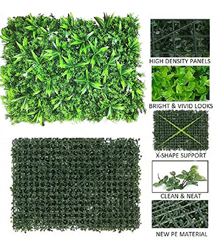 Image of Wall Grass (4 Pcs), Artificial Grass for Wall Decoration, Vertical Garden Artificial Mat, Grass Tiles for Balcony (Green and White Flowers, 60cm x 40cm x 8cm, Plastic, Pack of 4)