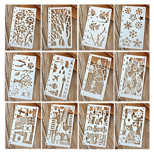 ) - Hillento 12 Pcs Drawing Painting Stencils Scale Template Sets for Bullet Journal Diary Notebook 8-Ring Paper Inserts,Perfect for Children Creation,Scrapbooking,DIY Albums,Card and Craft Projects
