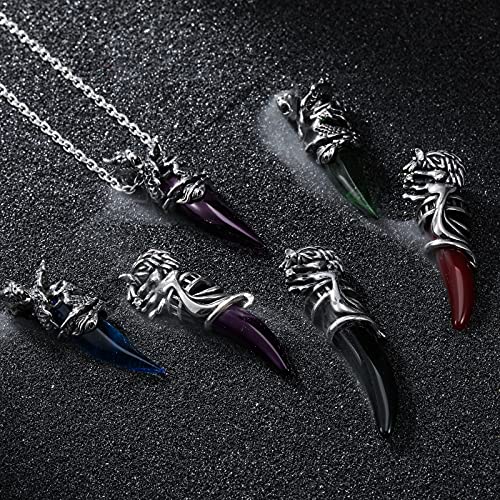 Inblue Dragon Wolf Tooth Pendant For Men Boys Women Stainless Steel Cool Necklaces Simulate Crystal Gemstone Boyfriend Gifts Jewelry With 23 Inches Chain (Dragon, Red) #TOP4