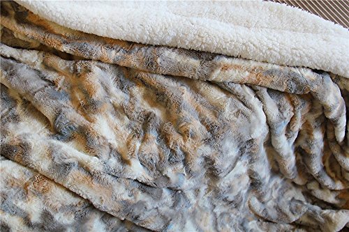 Tache 90X90 Soft Warm Tan Brown Blue Russian Lynx Faux Fur White Sherpa Bed Blanket #TOP2