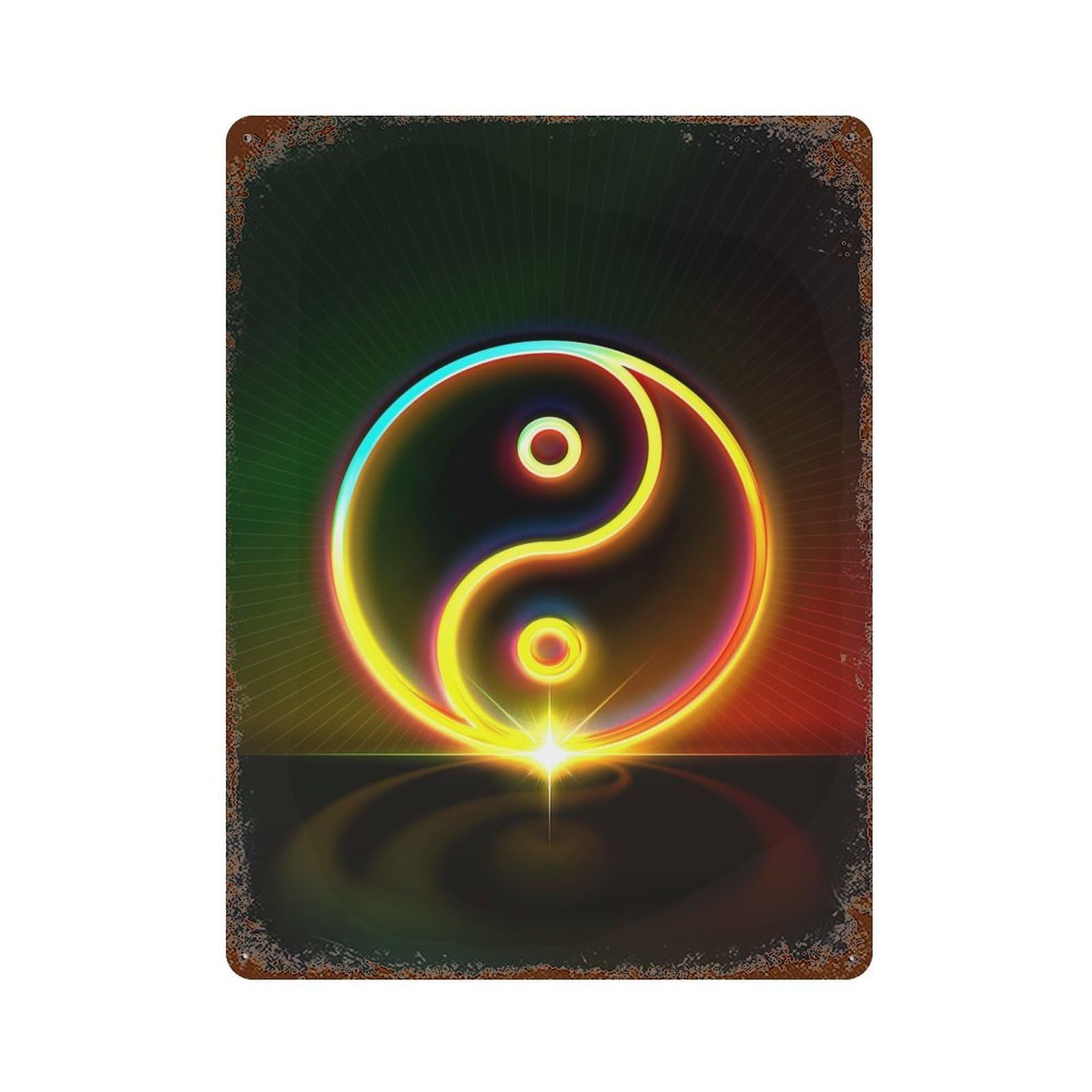 Weathered Tin Sign with Neon Glyph Mandala Rune Design 15.7"x11.8", for Basement, Hobby Room And Garage Decor, Industrial Home Decor