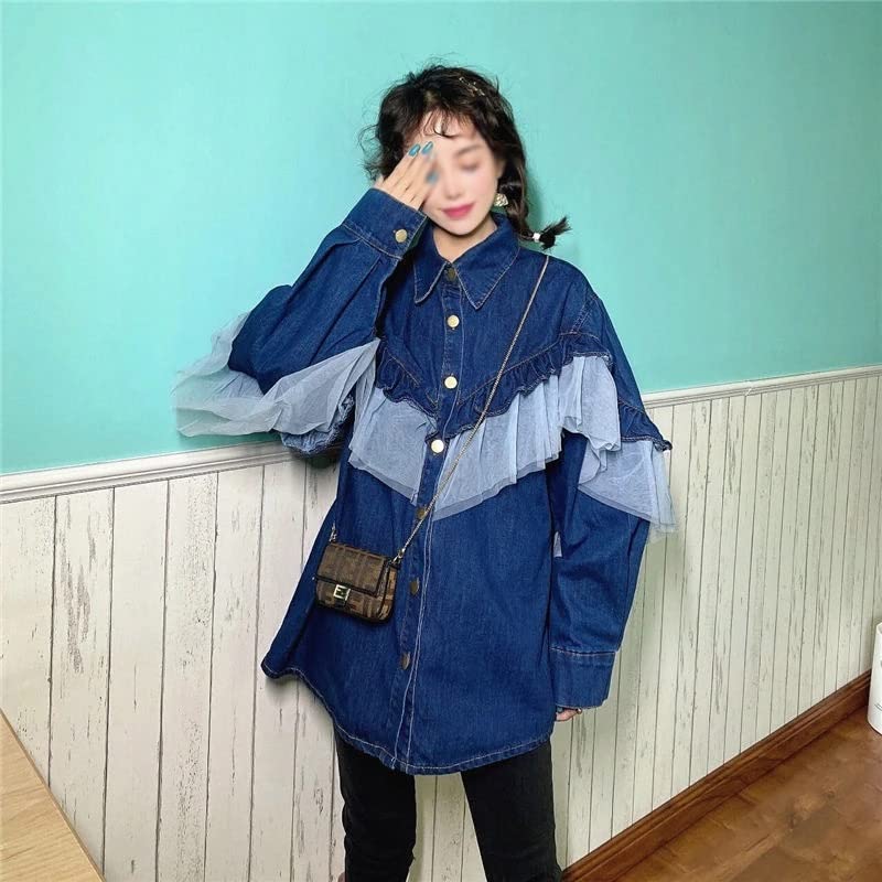 Image of Lace Ruffle Patchwork Jeans Blouse Causal Long Sleeve Woman Cowboy Demin Shirts(L Code)