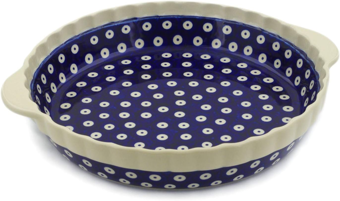 Polmedia Polish Pottery Pie Dish Fluted with Handles - Peacock Eyes Pattern Handmade in Boleslawiec Poland + Certificate of Authenticity