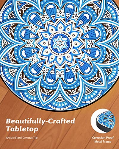 Vonluce Outdoor Side Table And Mosaic Plant Stand, 21" Round End Table With 14" Ceramic Tile Top For Patio Porch Decor, Indoor & Outdoor Accent Table, Small Coffee Table For Home Garden, Blue Mandala #TOP4