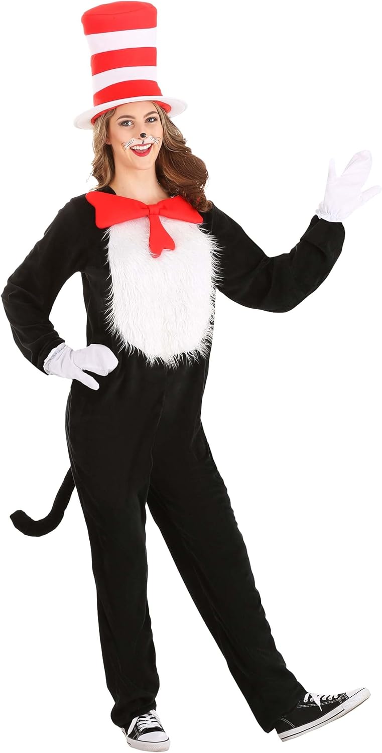 elope Dr. Seuss Cat in the Hat Costume for Adults - Jumpsuit with Hat, Bow Tie, Tail, & Gloves - Officially Licensed XL