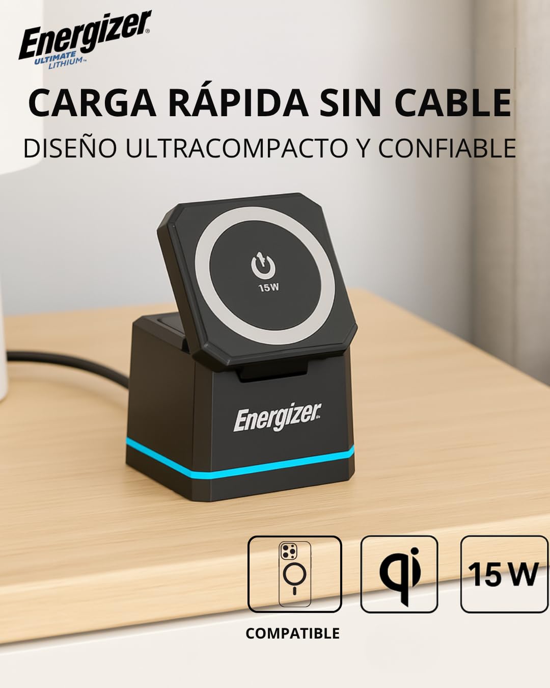 Energizer WCP307 3-1 Cargador de escritorio inalámbrico de 15 W | Carga rápida para smartphone, auriculares y Apple Watch, compatible con MagSafe, soporte plegable con soporte ajustable, USB-C, seguro
