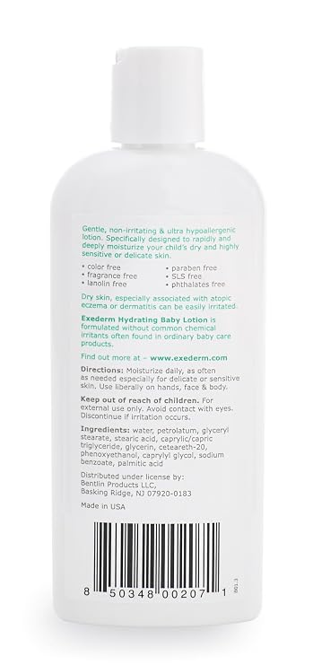 Exederm Baby Lotion, Hydrating for Eczema & Dermatitis Prone Skin, 8 Fl Oz, Ultra Sensitive Non-Irritating Baby Eczema Lotion, Soothing, Lightweight and Easy to Spread, Color, Fragrance & Paraben Free