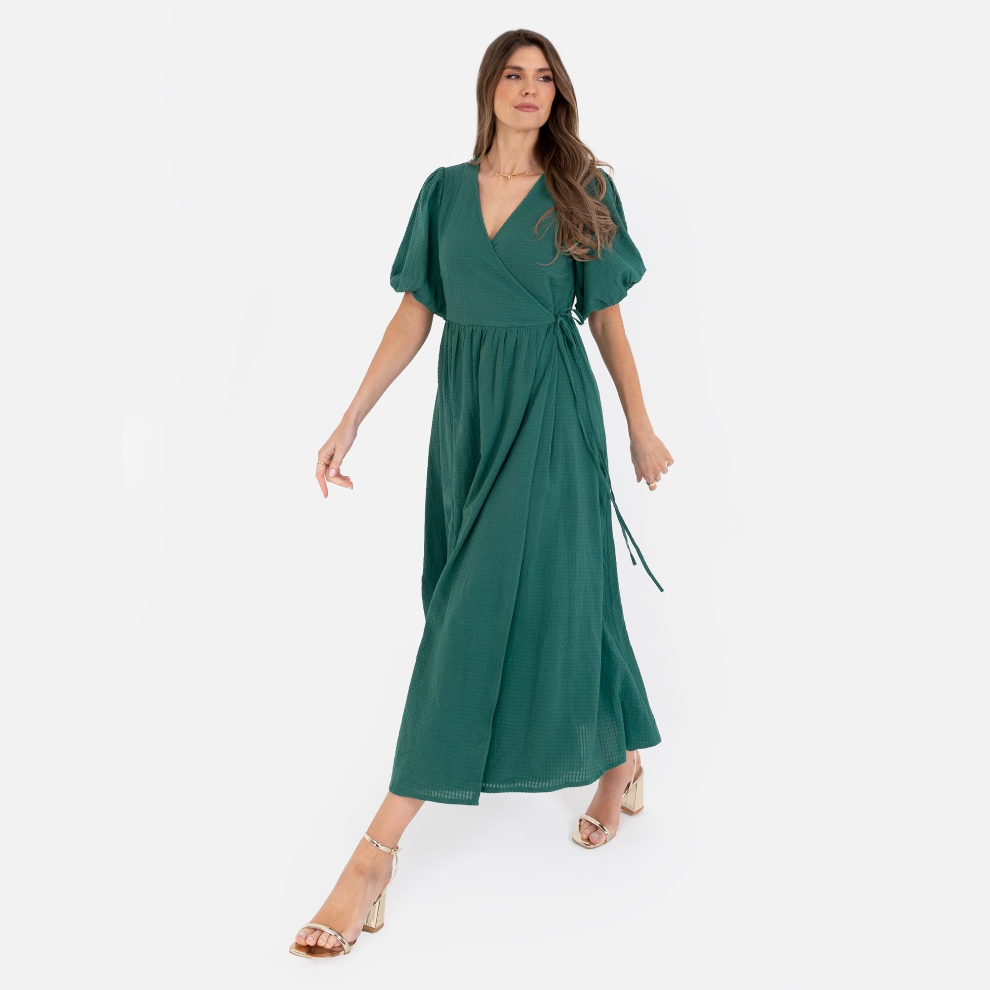 Lovedrobe Women's Ladies Maxi Dress Short Puff Sleeves V-Neckline Wrap Waist Tie A-Line Evening Occasion Floral Print Summer Robe Femme (Lot de 1)