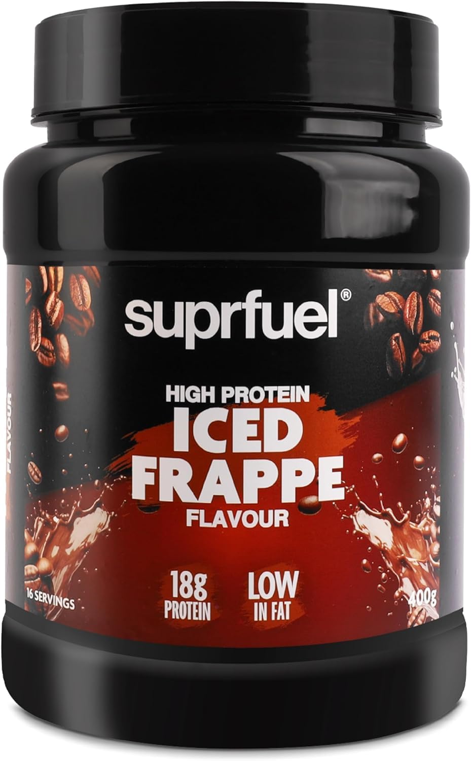 Food Factor Suprfuel High Protein Coffee Frappe Mix 400g – 18g Protein, 0.5g Low Fat, Low Calorie & Sugar, Instant Iced Frappe Powder with Coffee & Lean Cocoa 16 servings
