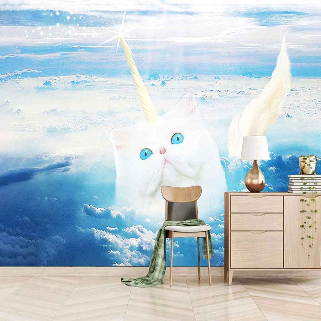 Papier peint canevas 3D chat blanc pour habiller le mur de fond TV de votre salon