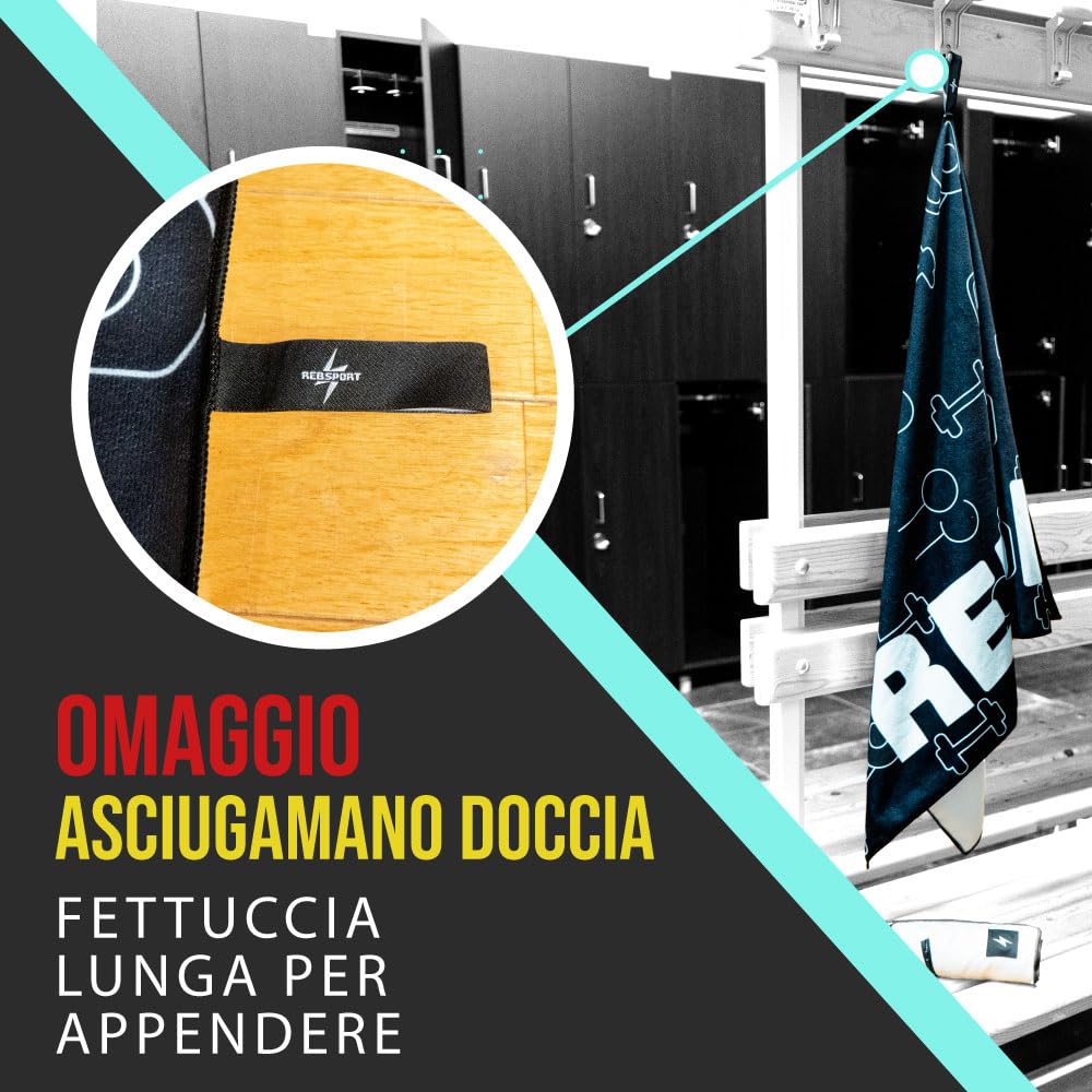 Rebsport Asciugamano Palestra Uomo con Tasca Porta Oggetti e Magnete, Asciugamano Donna Fitness per Panca Palestra + Asciugamano Doccia in Omaggio utilizzabile come Telo Doccia o Telo Mare