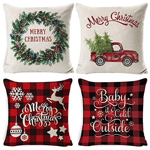 JPF Christmas Pillow Covers 18 × 18 Inch Set of 4 Throw Pillow Cases Slipcovers for Rustic Farmhouse Christmas Decorations