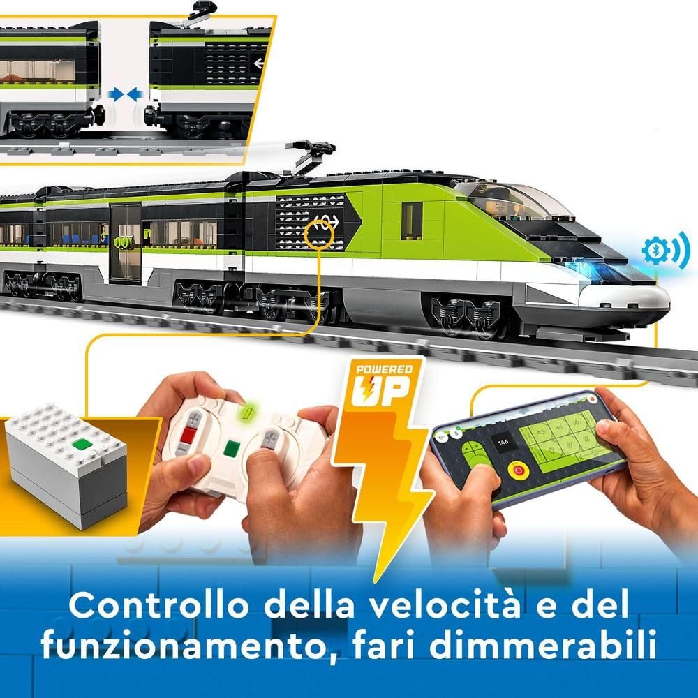 LEGO City Treno Passeggeri Espresso - Include Trenino Giocattolo Telecomandato con Fari Funzionanti, 2 Carrozze, 24 Binari e 6 Minifigure - Regalo per Bambini e Bambine da 7 Anni in su - 60337