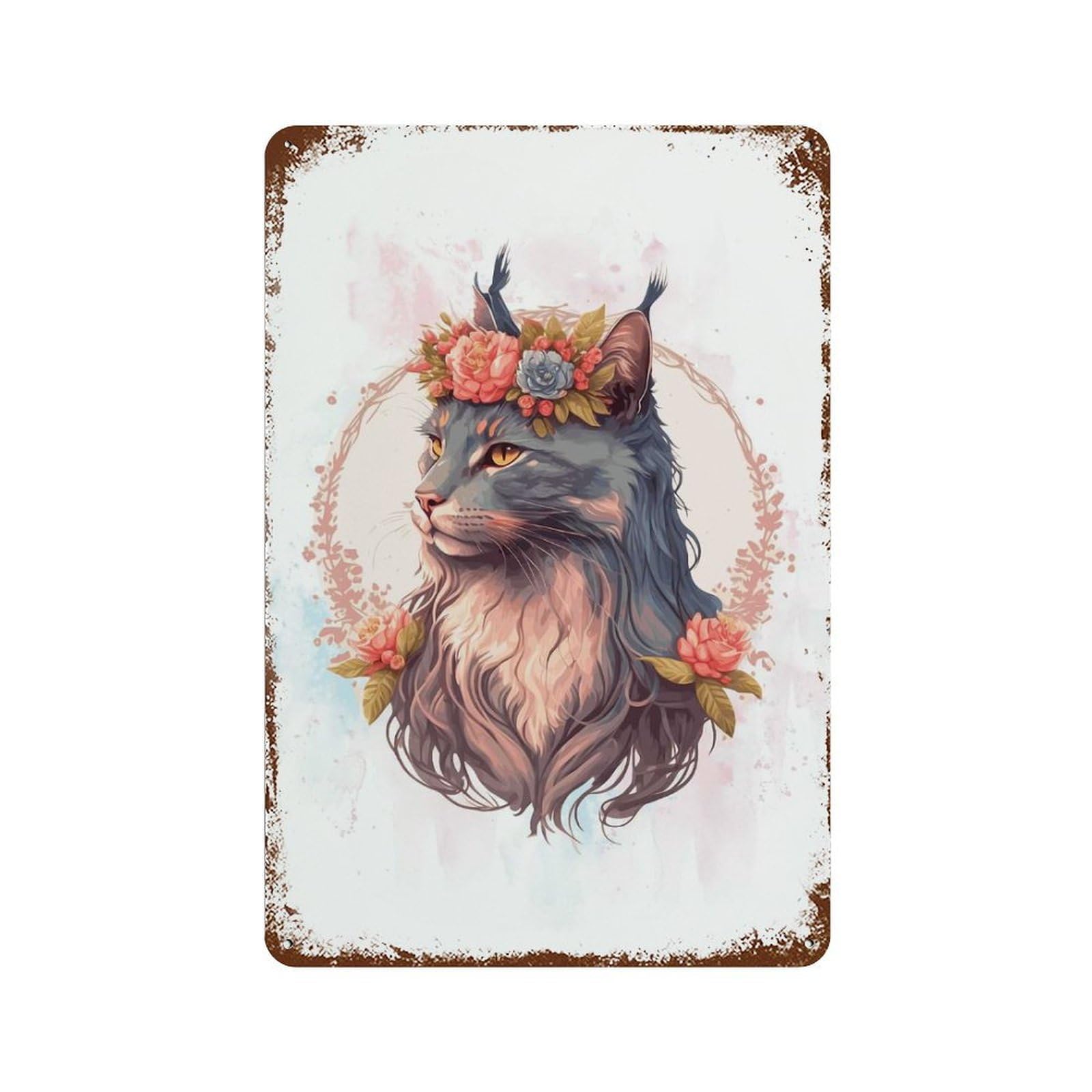 Decorative Tin Sign with Floral Maine Coon Cat Art Design 11.8"x7.9", for Basement, Hobby Room And Garage Decor, Farmhouse Wall Decor
