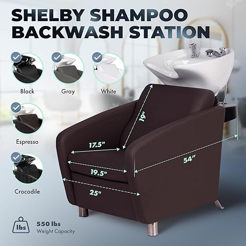 Miniatura 4 de Buy-Rite Shelby - Mueble de lavado a espalda  Silla profesional de salón con cuenco de porcelana inclinable, boquilla doble, rompedor de vacío,