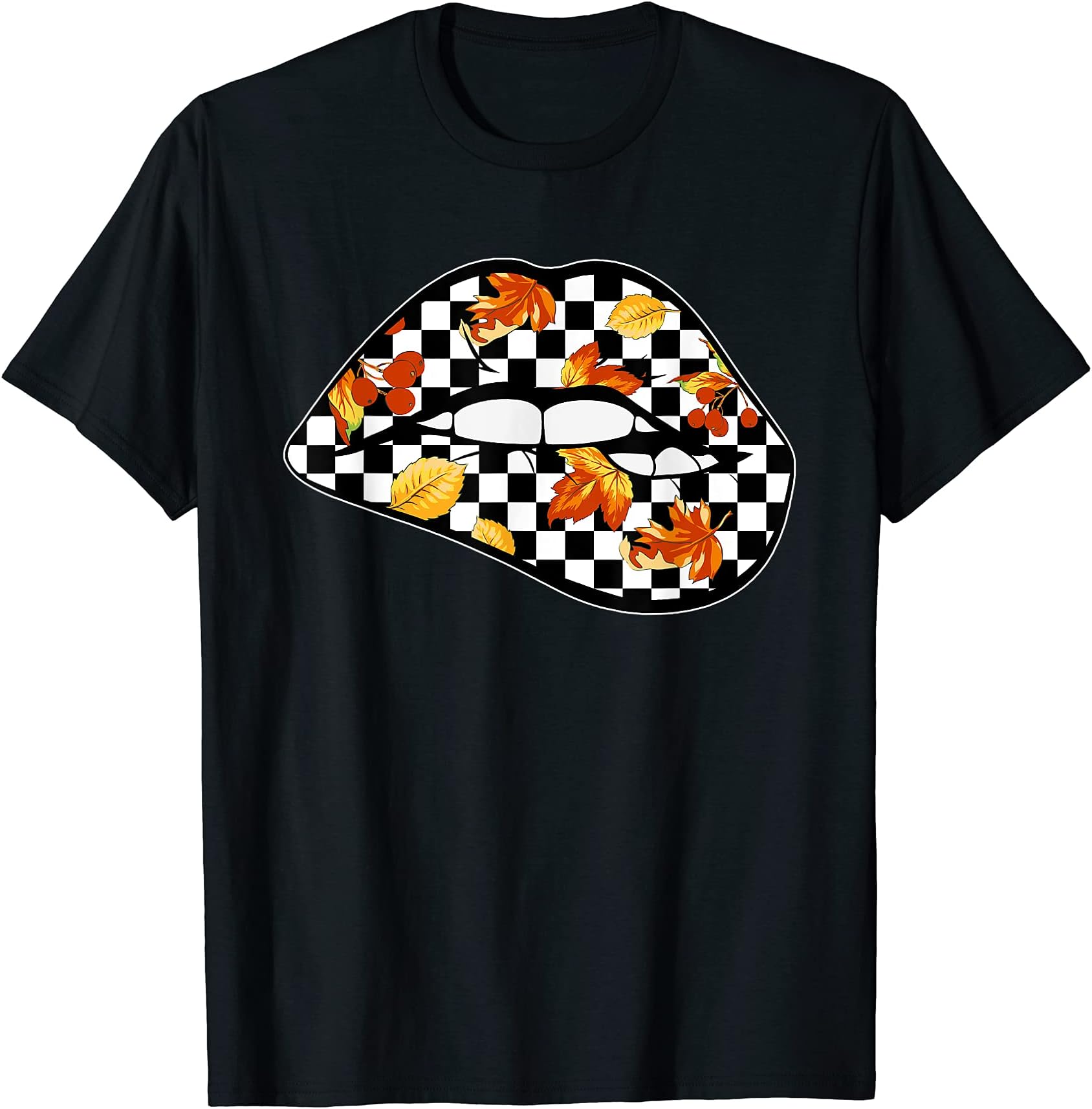 Checkered tops for teen girlsCheckered Fall Leaves Autumn Racing Checkerboard Graphic T-Shirt