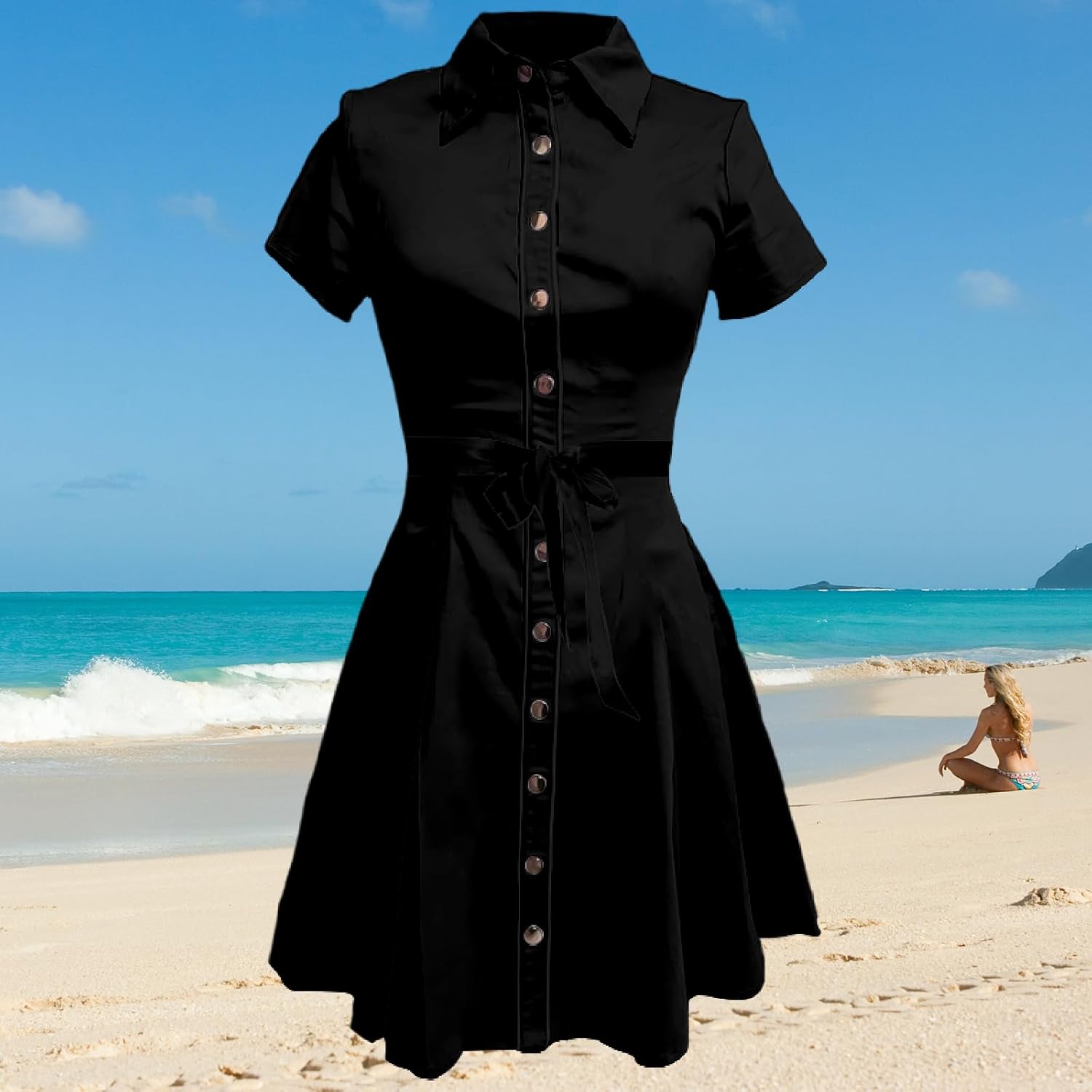 Business Casual Dress for Women Western Floral Short Sleeve Collared Button Down Fashion Aline High Waist Dress - Image 2