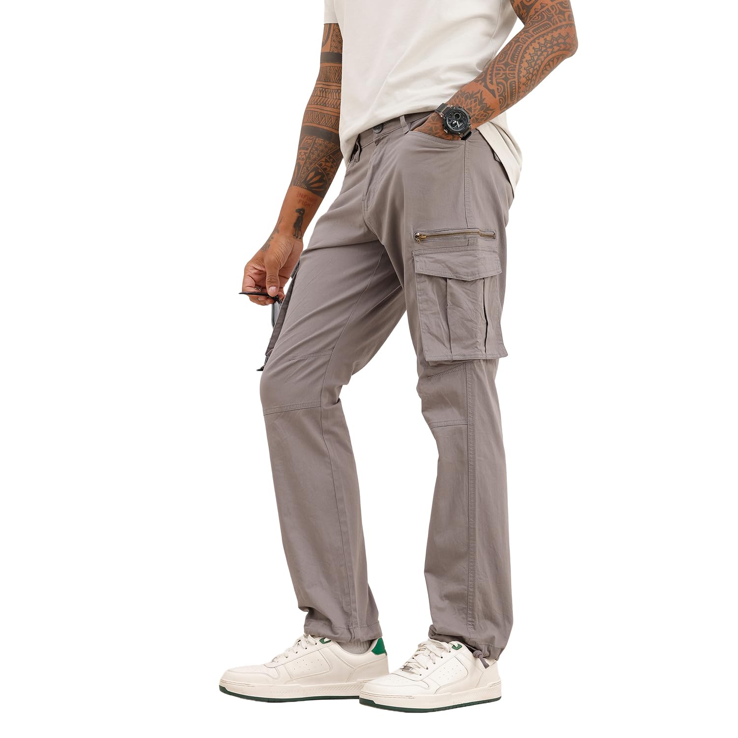 wrogn Men's Solid Straight Fit Cargo Trousers | Grey-picture-20