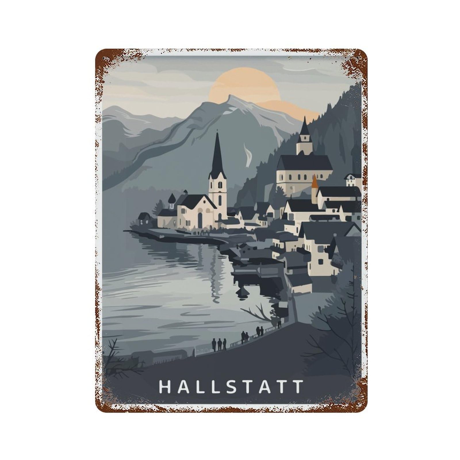 Hallstatt Village Illustration Vintage Wall Sign 15.7"x11.8", Rust Effect Metal Decor for Farmhouse, Kitchen And Entryway Decor