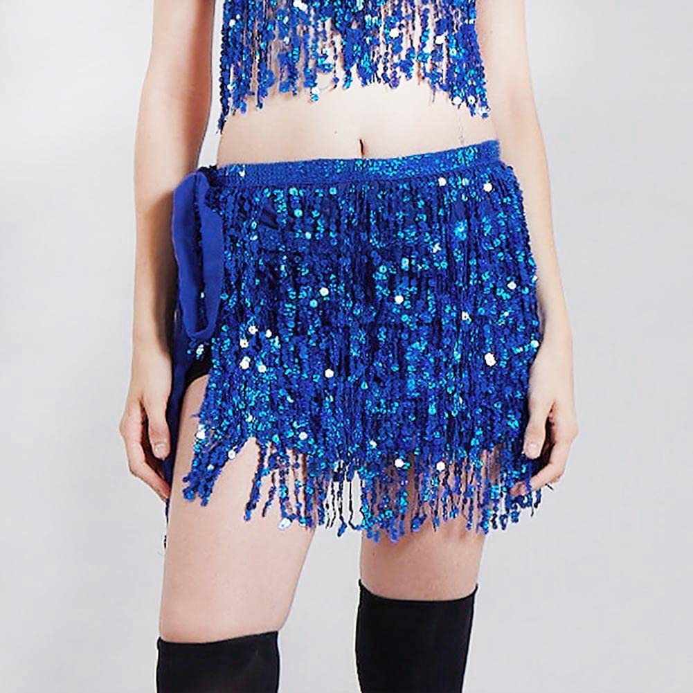 Falda de danza del vientre con lentejuelas para mujer, cinturón de cadera, borla, bufanda, disfraz rave (azul real)
