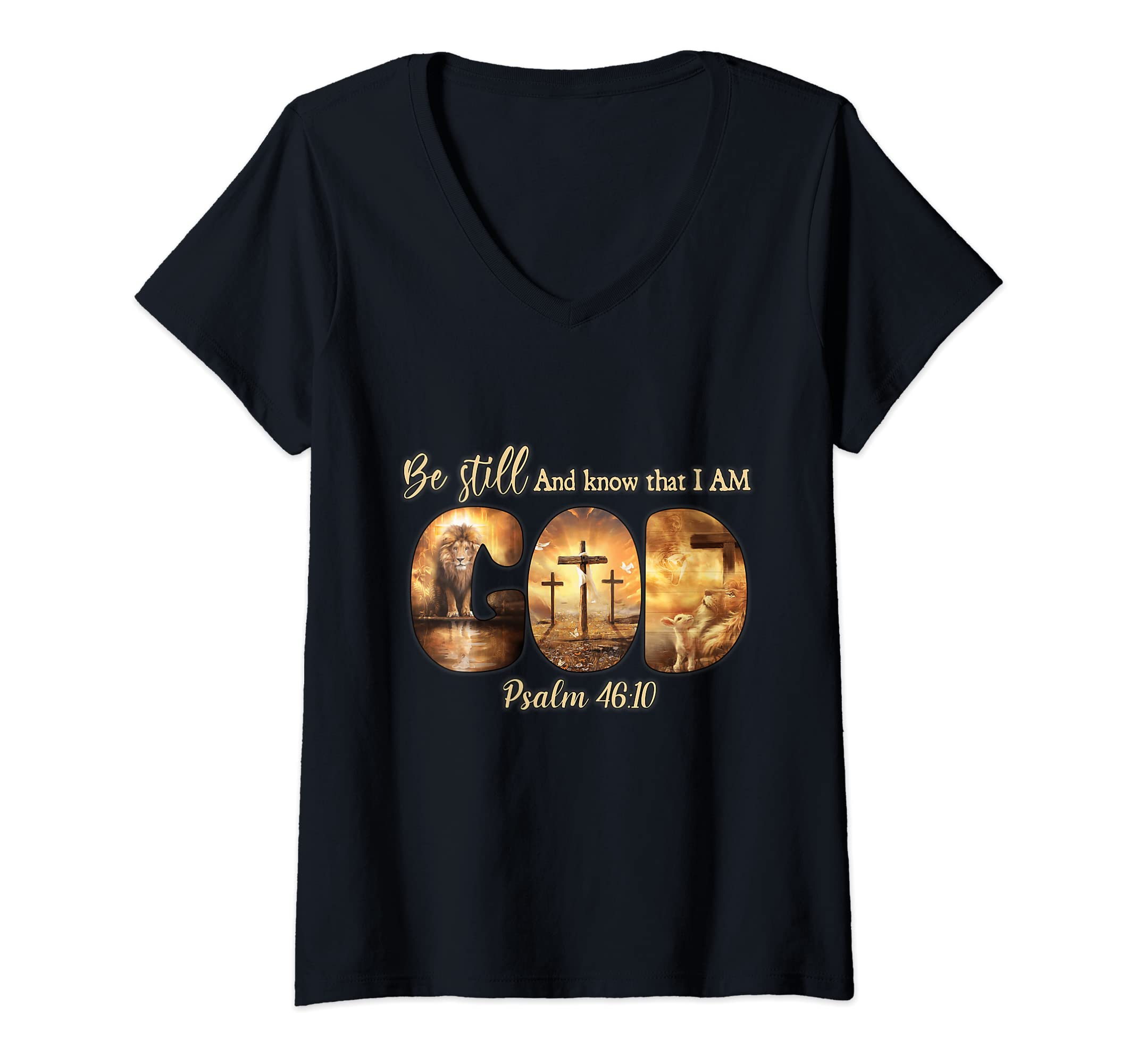 Womens Lion God Christian Be Still And Know That I Am God V-Neck T-Shirt
