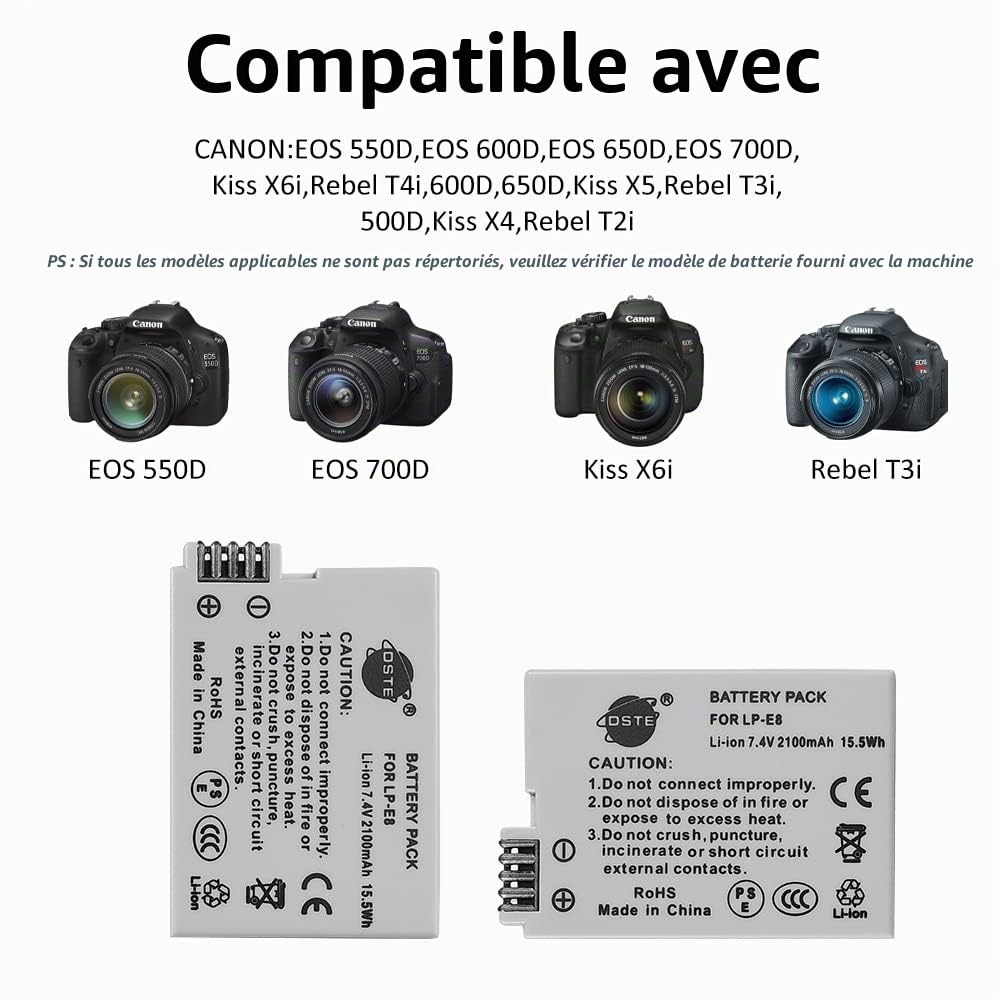 DSTE LP-E8 Batterie (Paquet de 2) et Chargeur Compatible avec Canon EOS 550D 600D 650D 700D