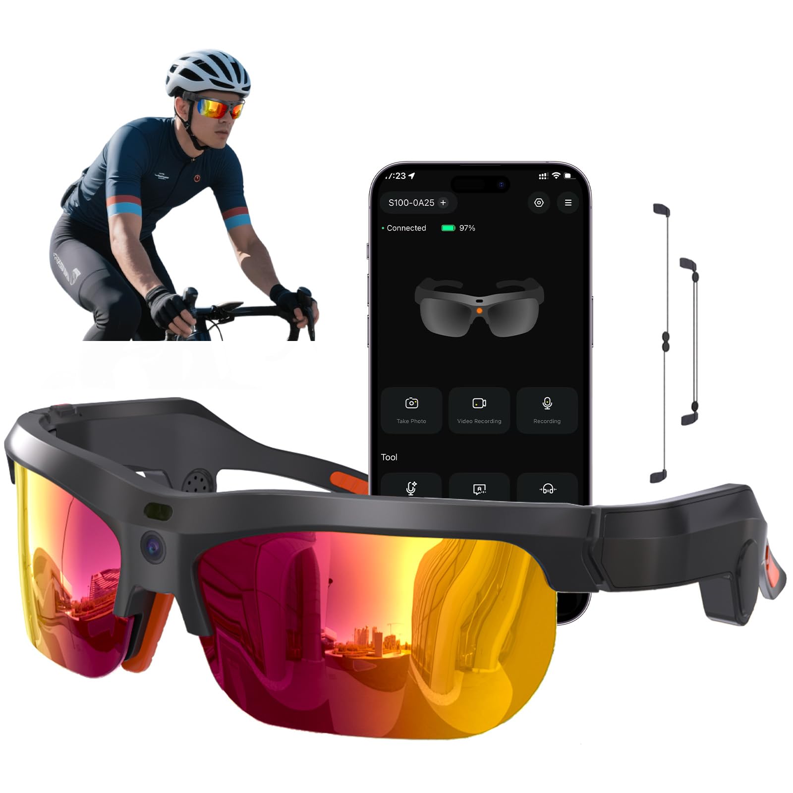 Photo 1 of Smart Cycling Glasses with 20MP Camera, AI Voice Assistant & Real-World Recognition, EIS Anti Bluetooth Audio Sunglasses, Sports Camera Glasses for Outdoor Activity Men Women (Purple & Yellow Lens)