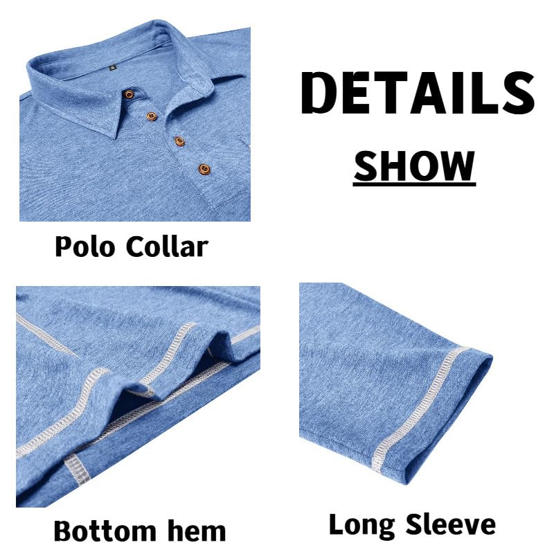 Men's Casual Long Sleeve Polo Shirts Collared Button Cotton T-Shirt Classic Stylish Golf Shirt with Pocket4