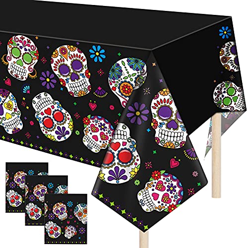 Day of The Dead Plastic Tablecloth 3 Pieces Dia De Los Muertos Sugar Skull Tablecloth Spooky Skeleton Mask Halloween Floral Tablecloth Rectangle Mexican Coco Party Supply for Party Holiday Dinner