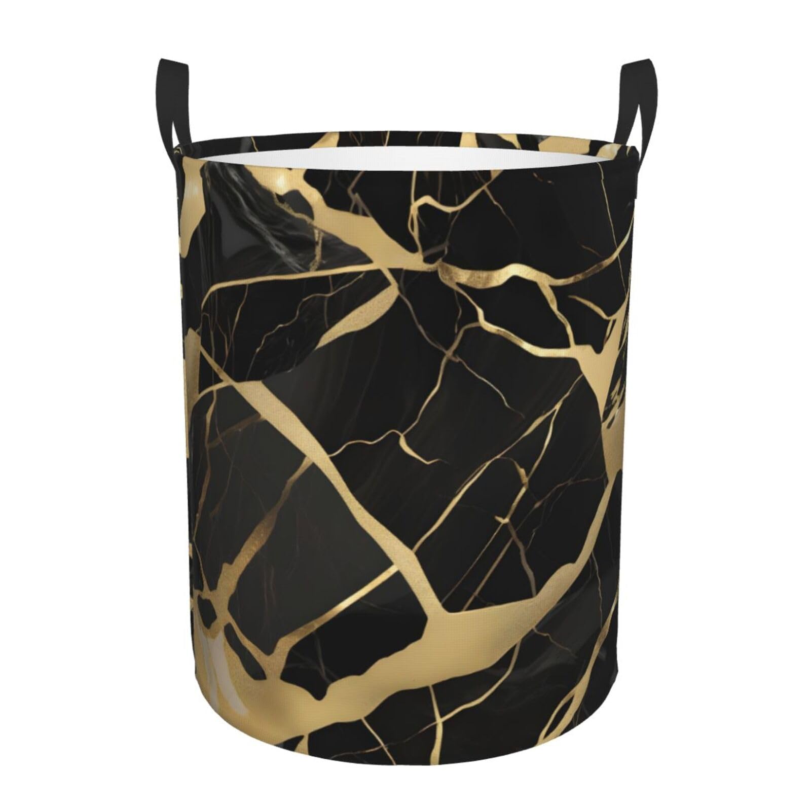 S Collapsible Laundry Hamper Round black marble texture gold Print Storage