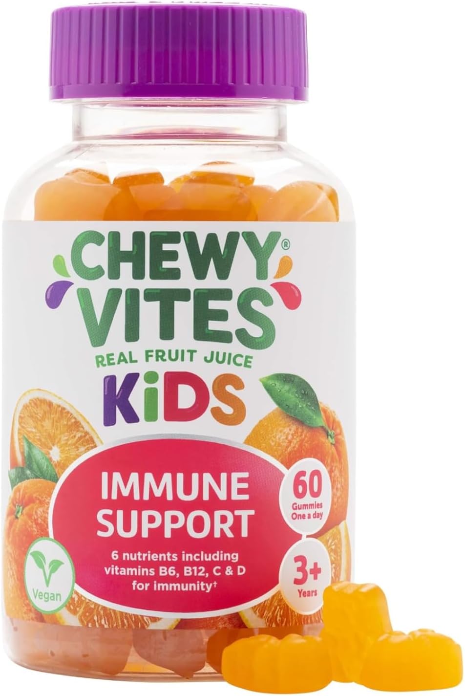 Chewy Vites Kids Immune Support, 60 Kids Vitamins Gummies, High Strength Vitamin D, Vit C, B6, B12, Zinc, Selenium, 2 Months Supply, Real Fruit Juice, Vegan, Age 3 +, Orange Flavour