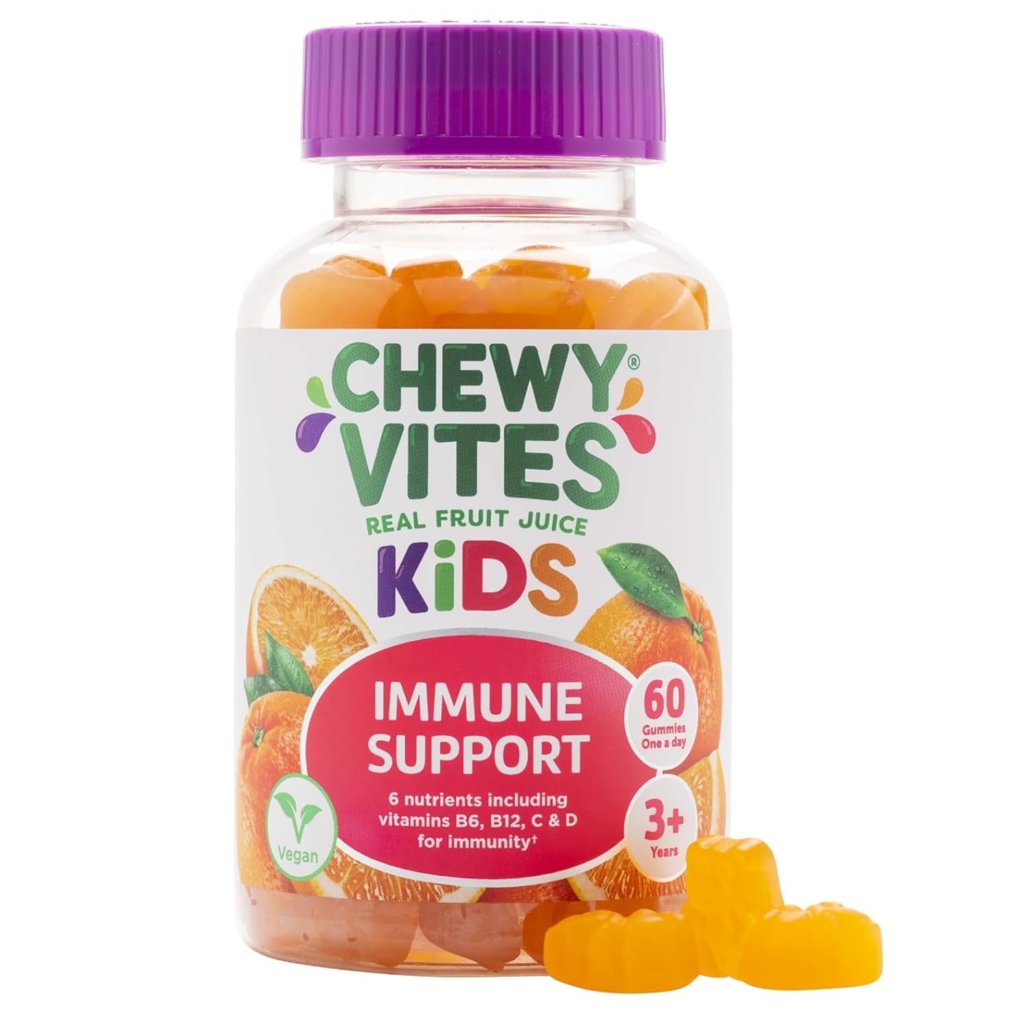 Chewy Vites Kids Immune Support, 60 Kids Vitamins Gummies, High Strength Vitamin D, Vit C, B6, B12, Zinc, Selenium, 2 Months Supply, Real Fruit Juice, Vegan, Age 3 +, Orange Flavour
