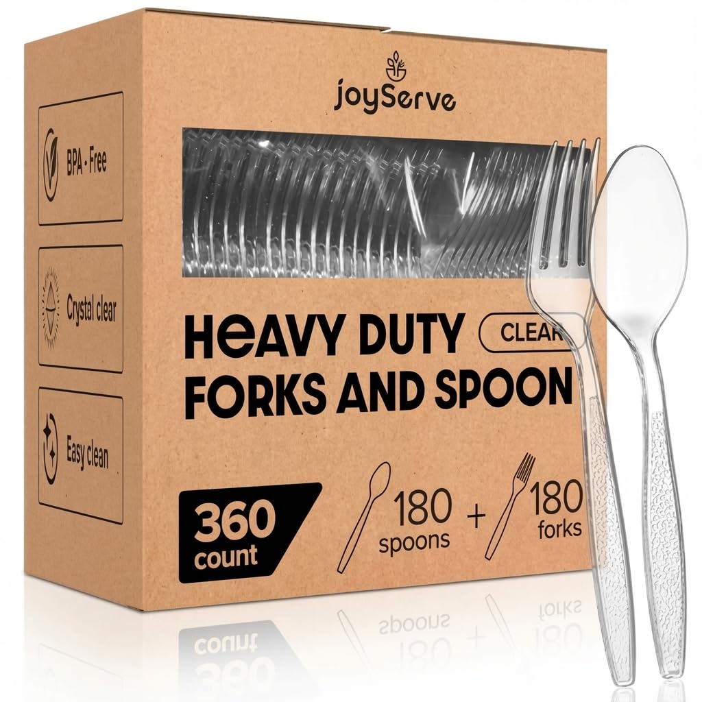 Plastic Forks and Spoons Set - (Bulk Pack 360 Pcs) Clear Plastic Cutlery Utensils Heavy Duty, 180 Forks and 180 Spoons, Silverware Sets for Party Supplies, Dinners, Take-Out, Catering, Food Services